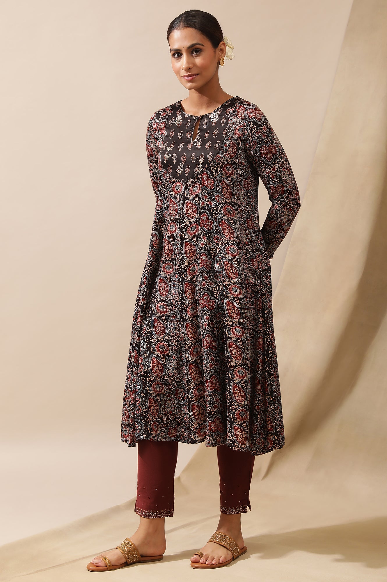 Dark Brown Ajrakh Printed Kalidar Kurta