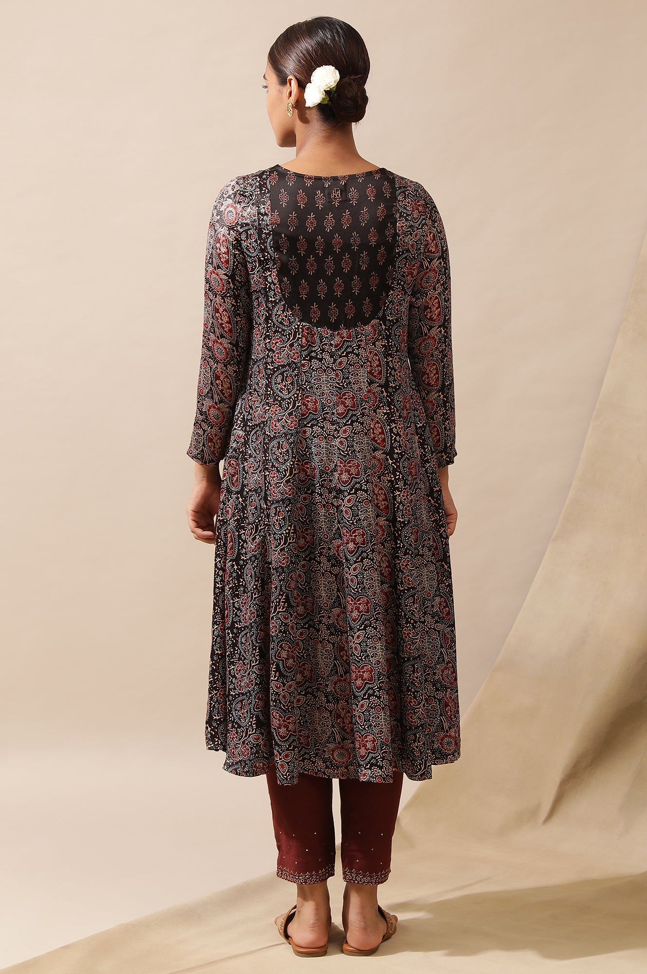 Dark Brown Ajrakh Printed Kalidar Kurta