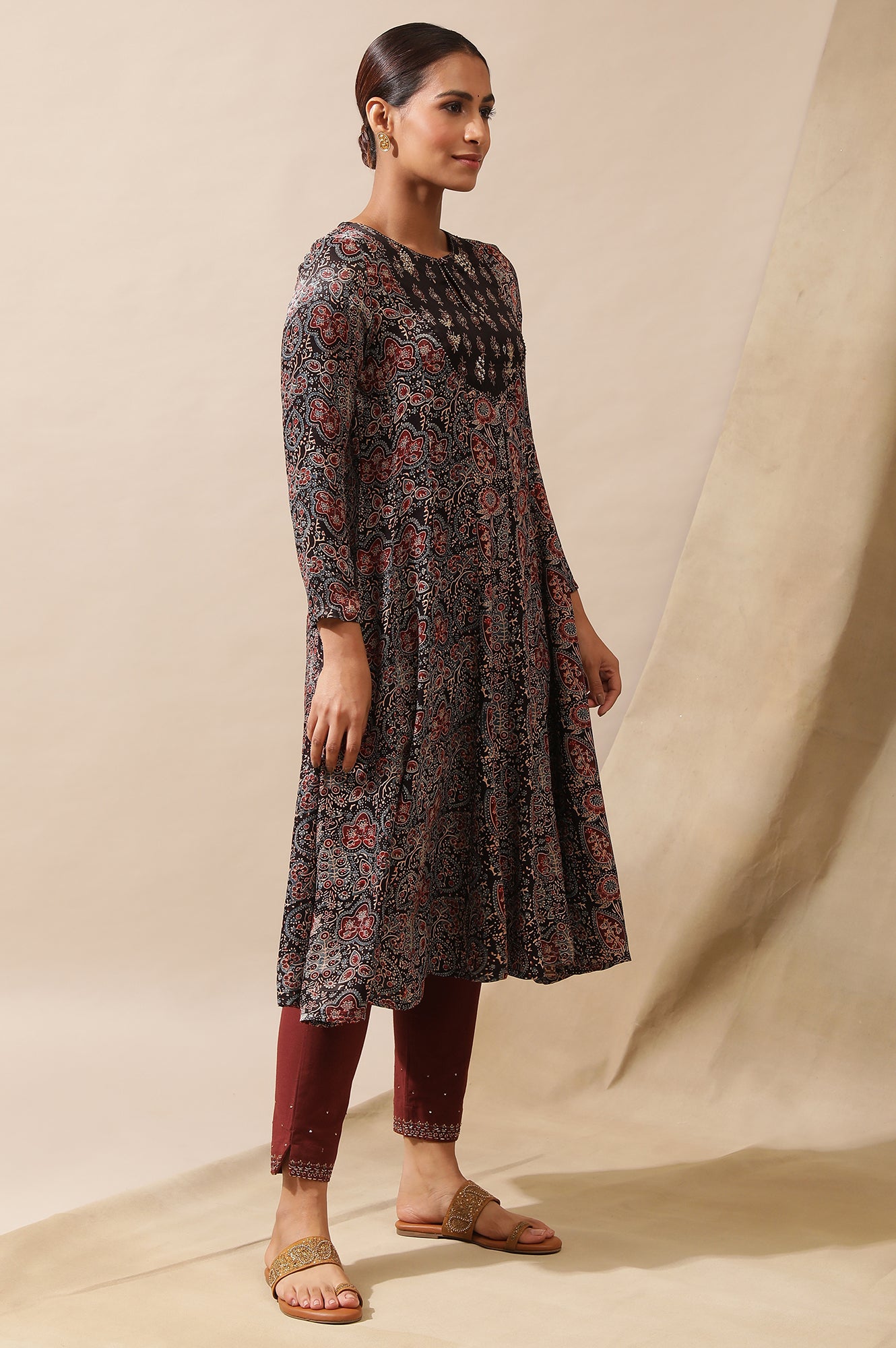 Dark Brown Ajrakh Printed Kalidar Kurta