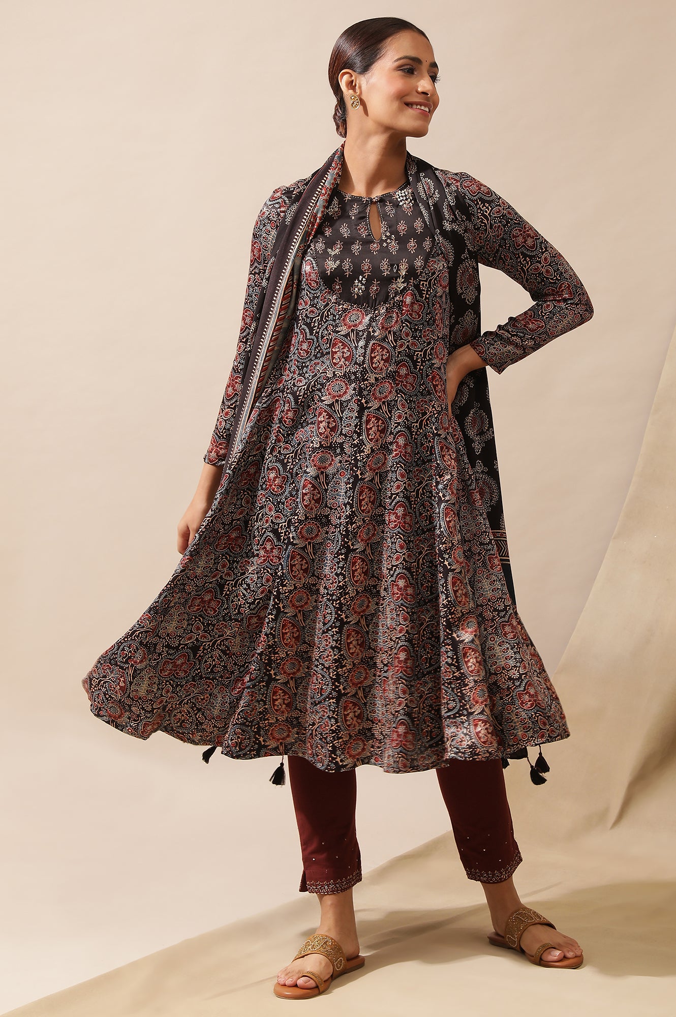 Dark Brown Ajrakh Printed Kalidar Kurta