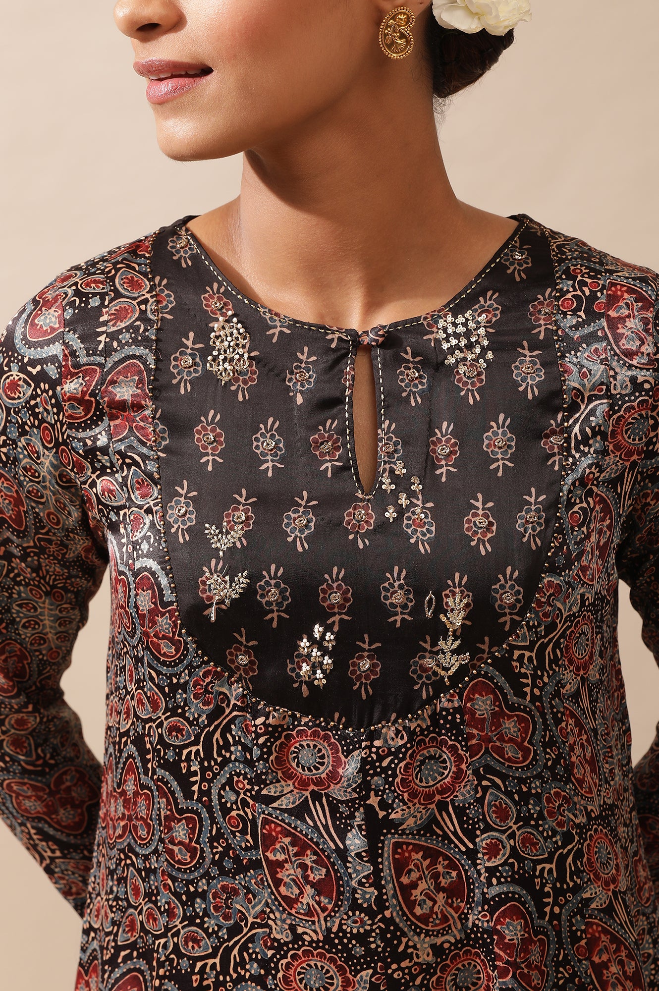 Dark Brown Ajrakh Printed Kalidar Kurta