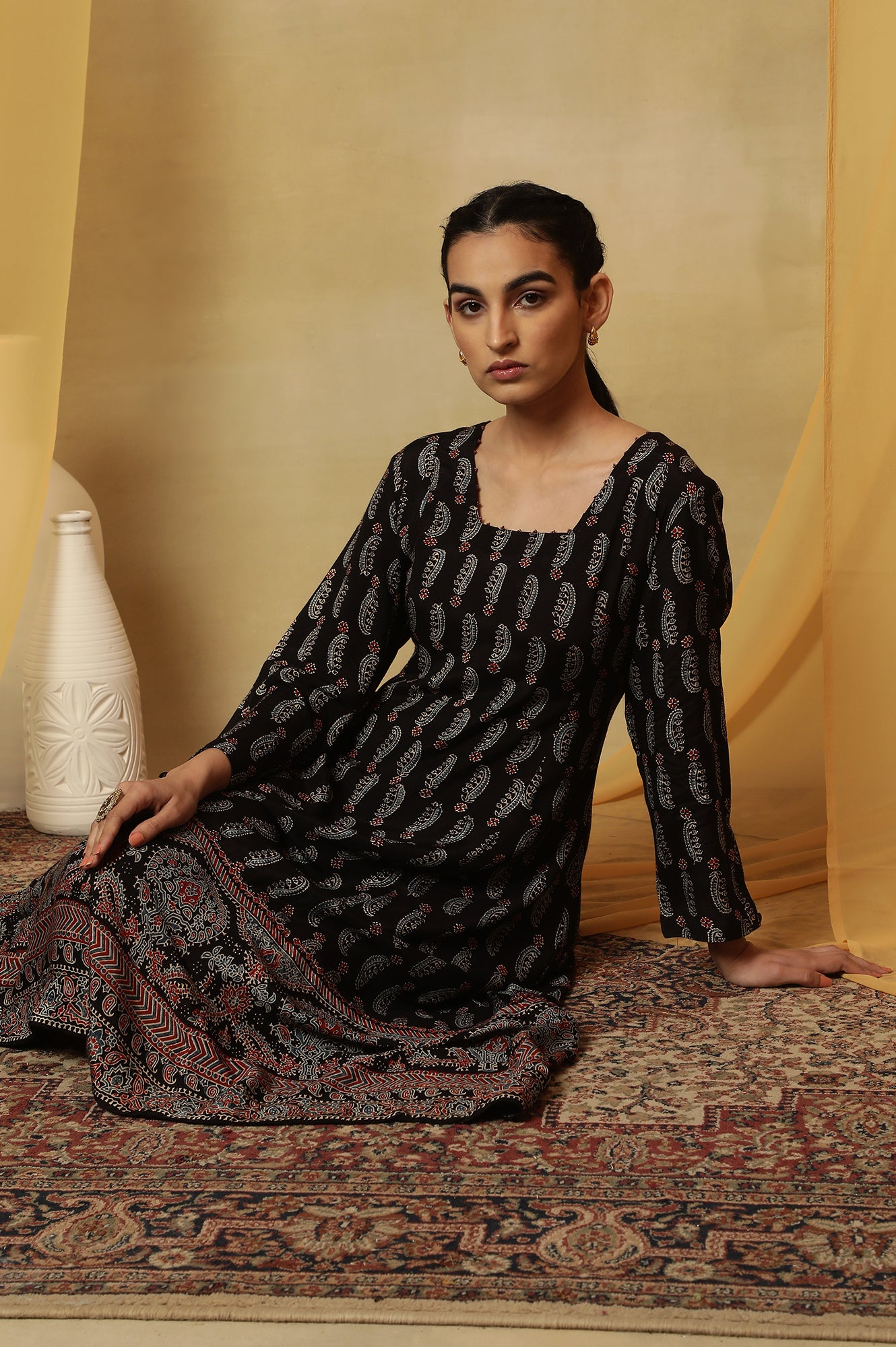 Dark Brown Ajrakh Printed Kalidar Kurta