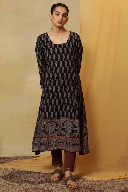 Dark Brown Ajrakh Printed Kalidar Kurta