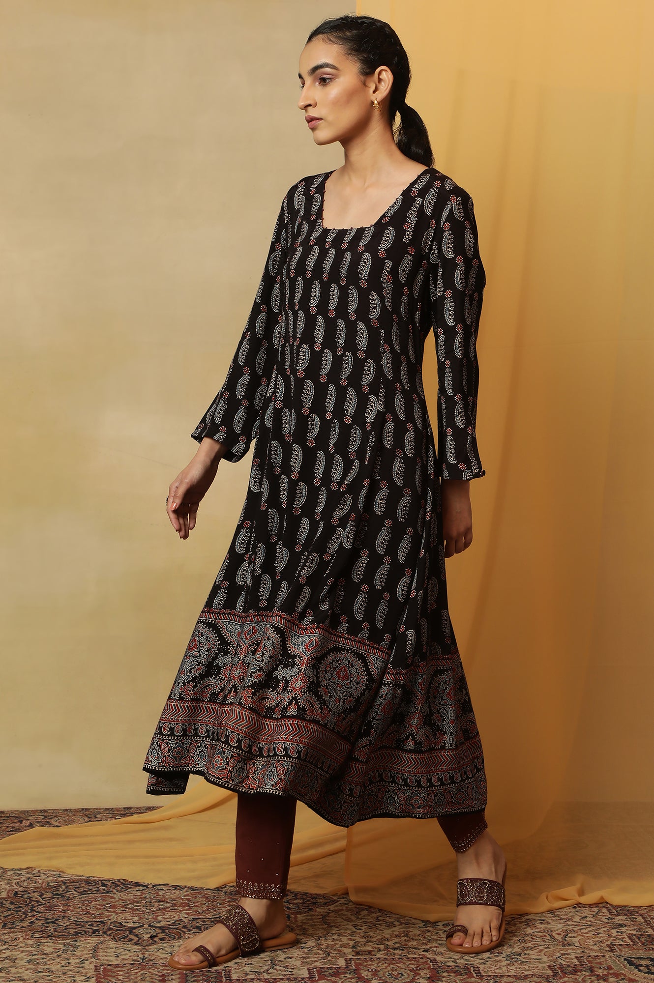 Dark Brown Ajrakh Printed Kalidar Kurta