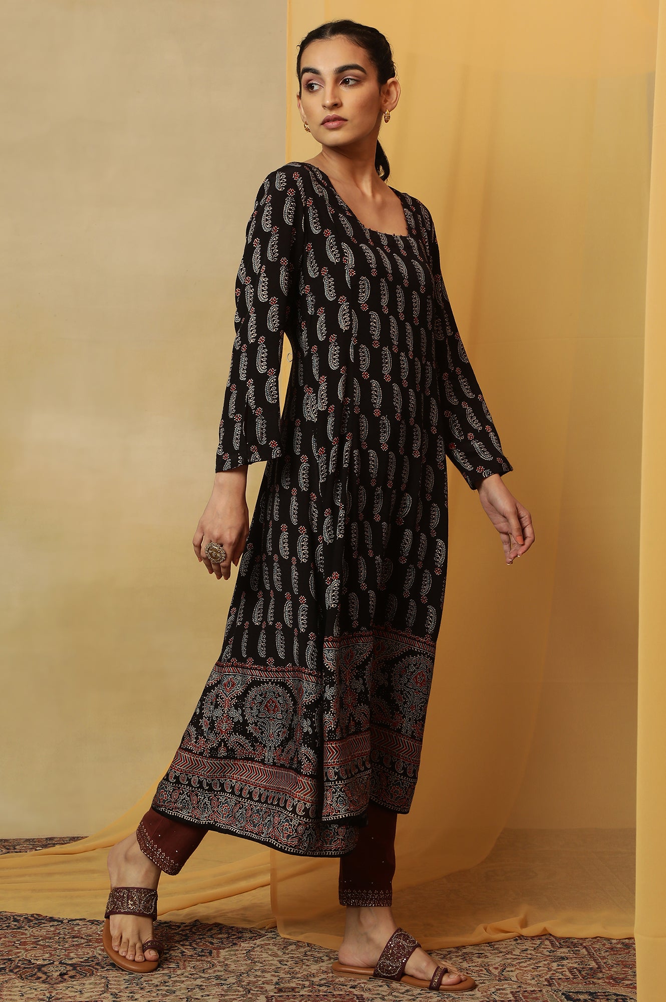 Dark Brown Ajrakh Printed Kalidar Kurta