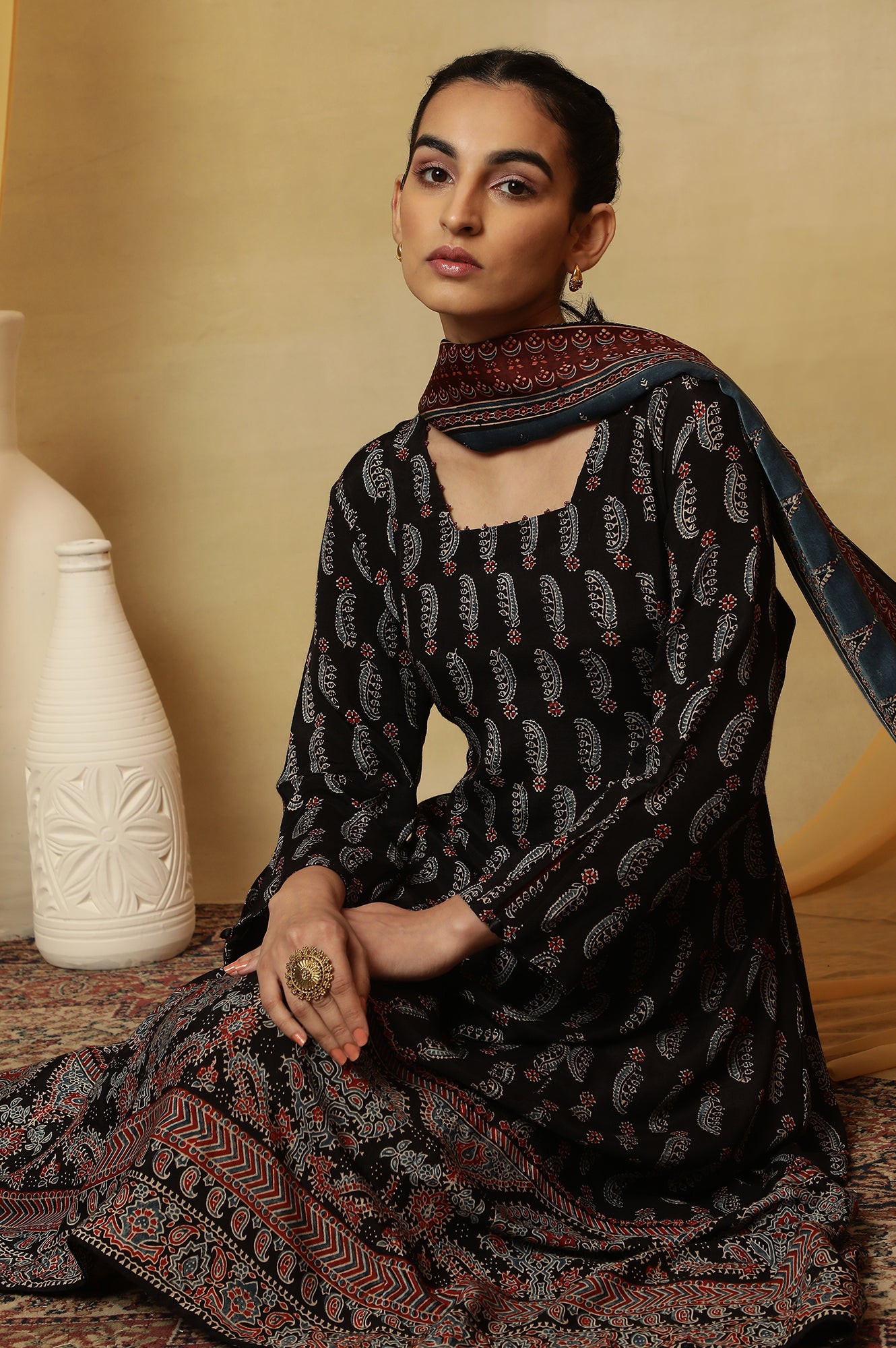 Dark Brown Ajrakh Printed Kalidar Kurta