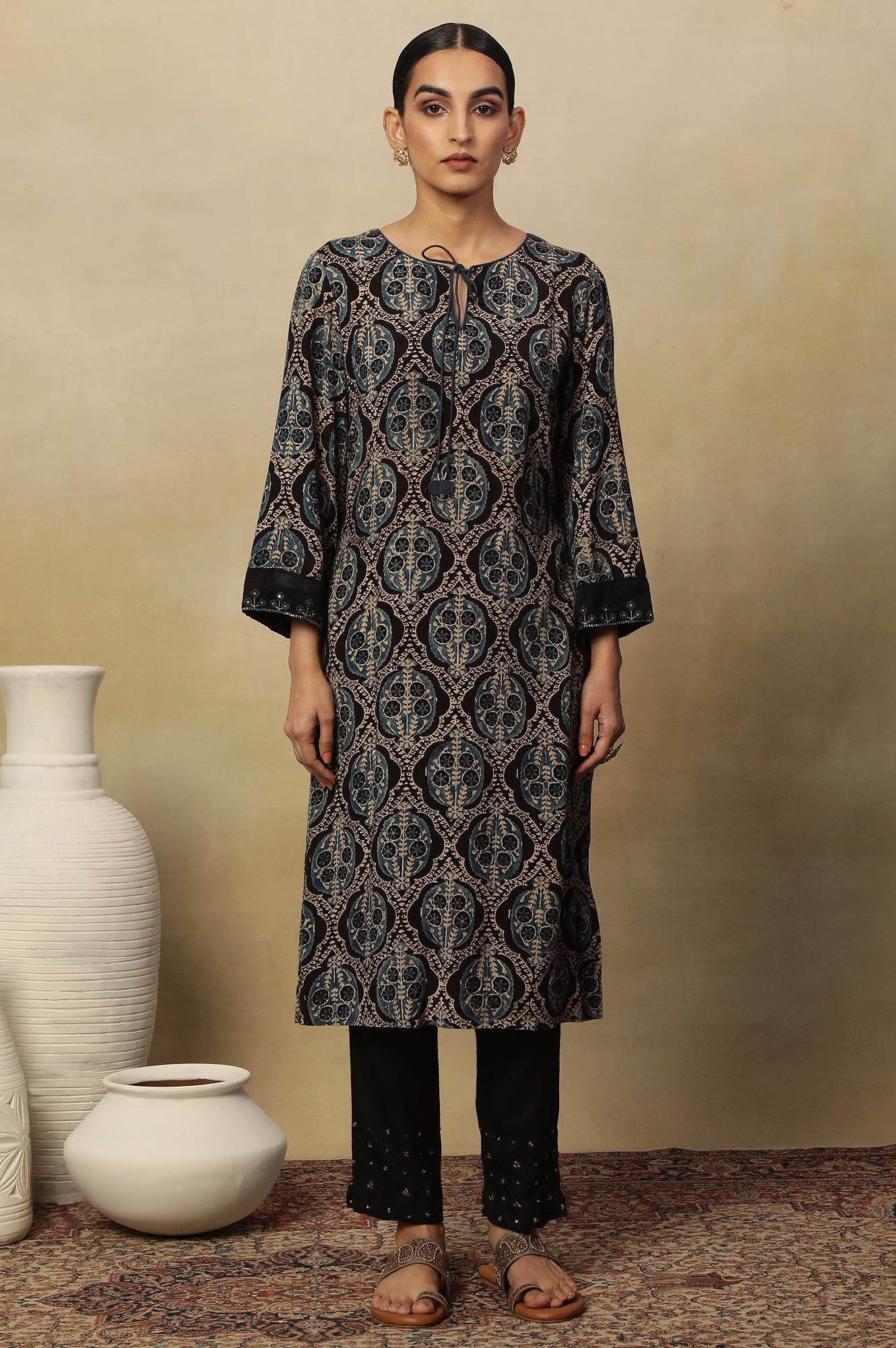 Ecru Short Kurta With Earthy Multi-Coloured Ajrakh Print All Over