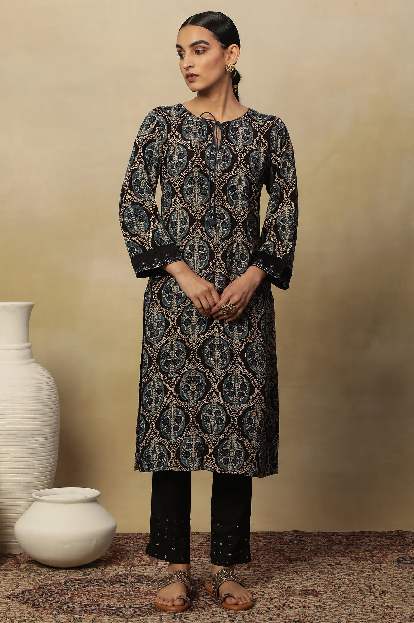 Ecru Short Kurta With Earthy Multi-Coloured Ajrakh Print All Over