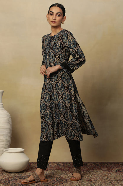 Ecru Short Kurta With Earthy Multi-Coloured Ajrakh Print All Over