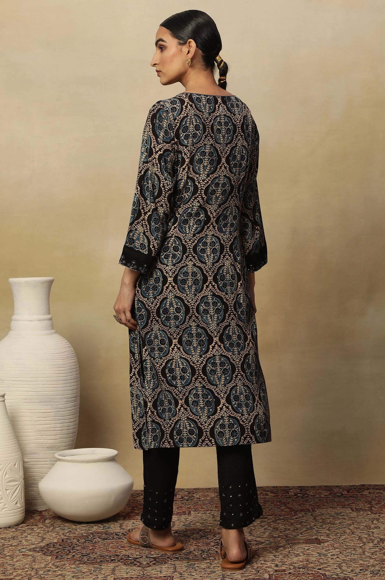 Ecru Short Kurta With Earthy Multi-Coloured Ajrakh Print All Over