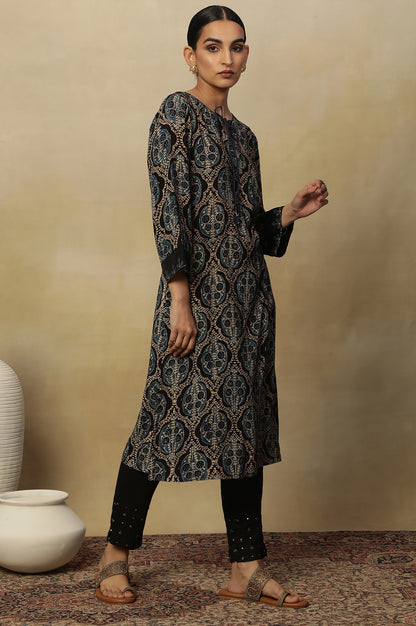 Ecru Short Kurta With Earthy Multi-Coloured Ajrakh Print All Over