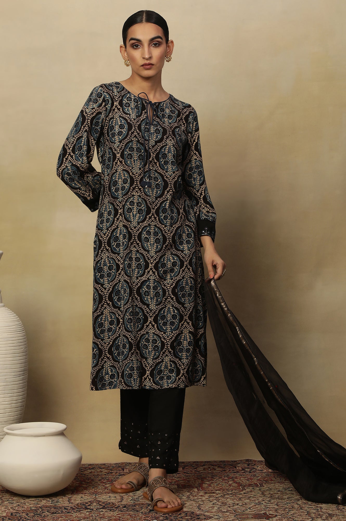 Ecru Short Kurta With Earthy Multi-Coloured Ajrakh Print All Over