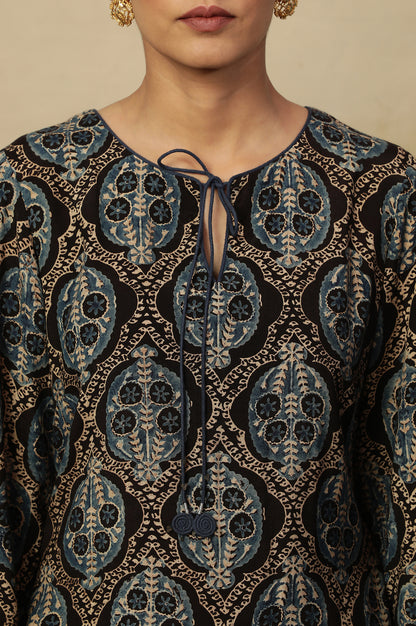 Ecru Short Kurta With Earthy Multi-Coloured Ajrakh Print All Over