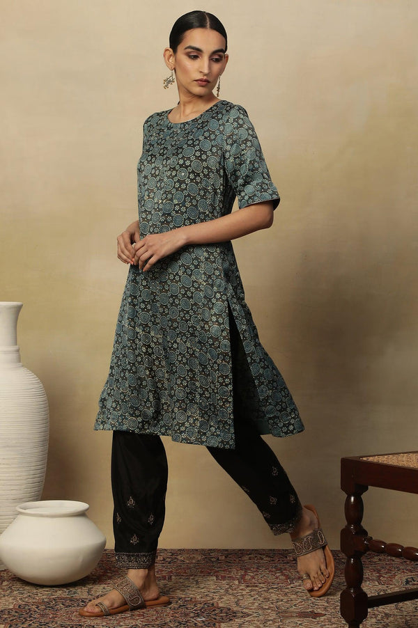 Dark Brown And Teal Ajrakh Print Kurta In Modal Satin