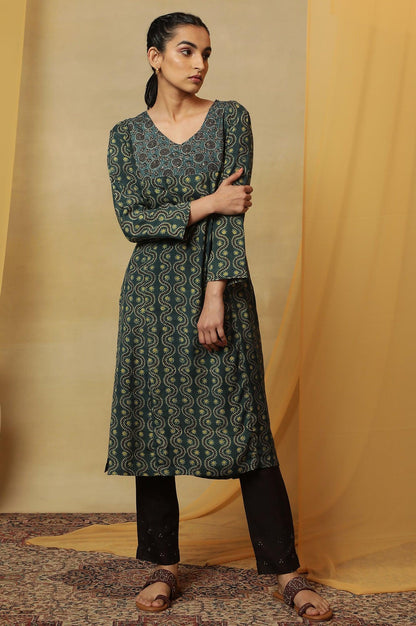 Teal Blue Ajrakh Print Kurta - wforwoman