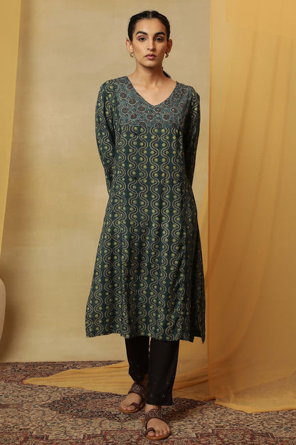 Teal Blue Ajrakh Print Kurta - wforwoman