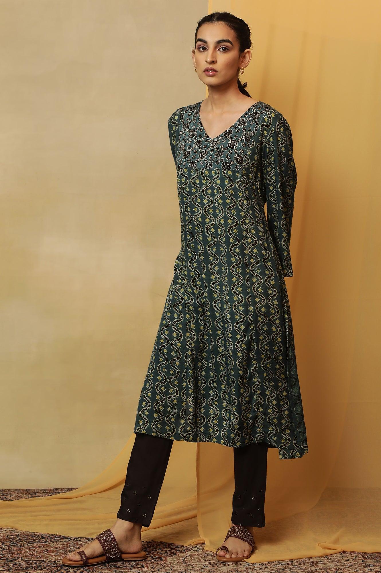 Teal Blue Ajrakh Print Kurta - wforwoman