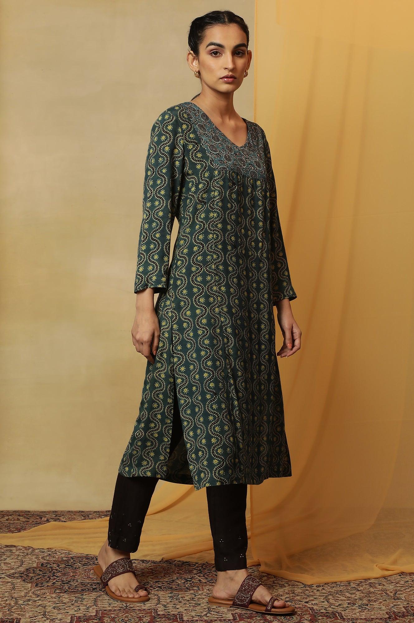 Teal Blue Ajrakh Print Kurta - wforwoman