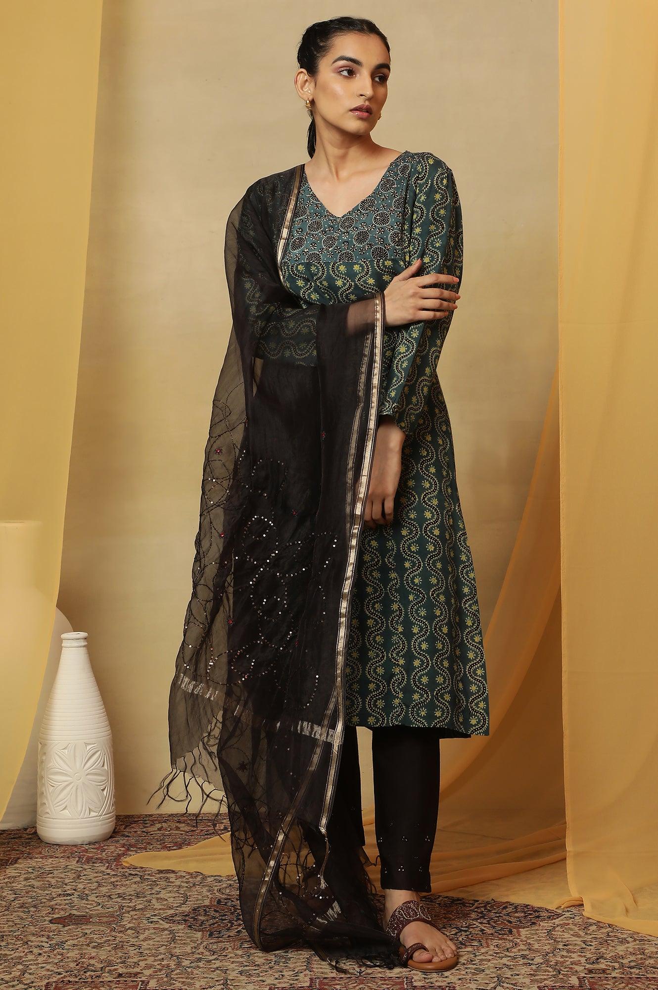 Teal Blue Ajrakh Print Kurta - wforwoman