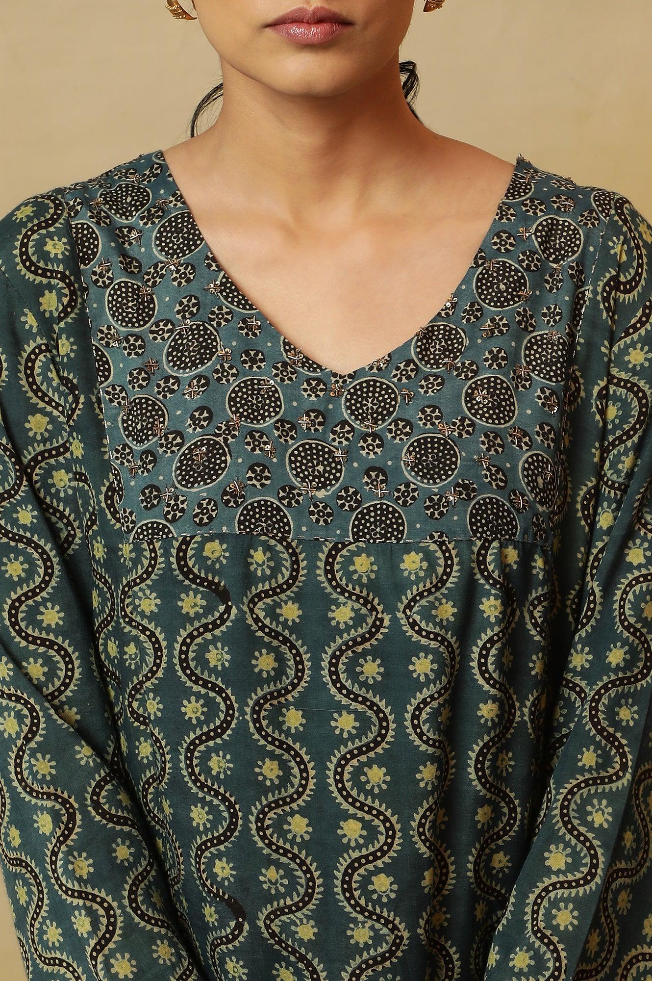 Teal Blue Ajrakh Print Kurta - wforwoman