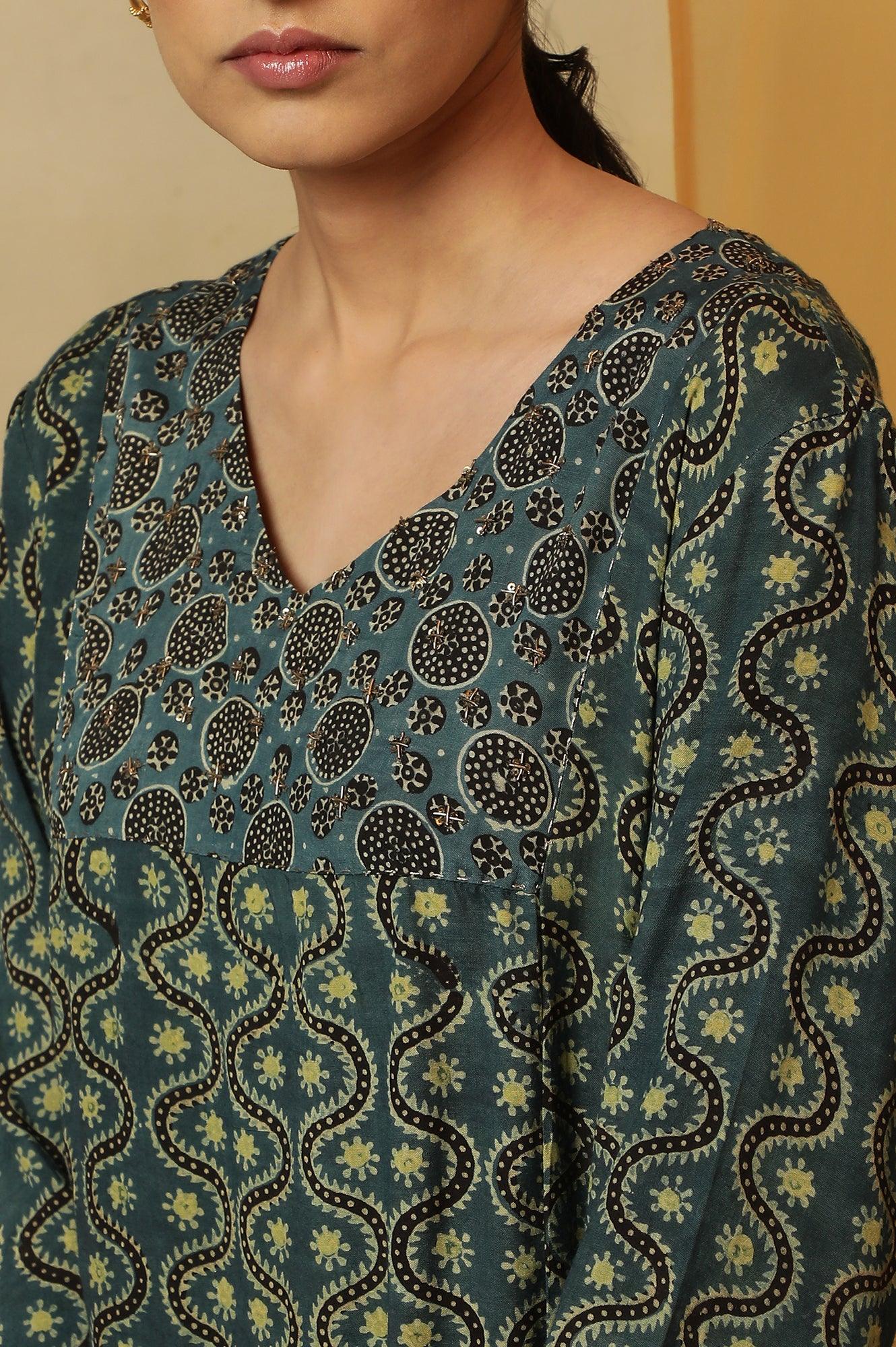 Teal Blue Ajrakh Print Kurta - wforwoman