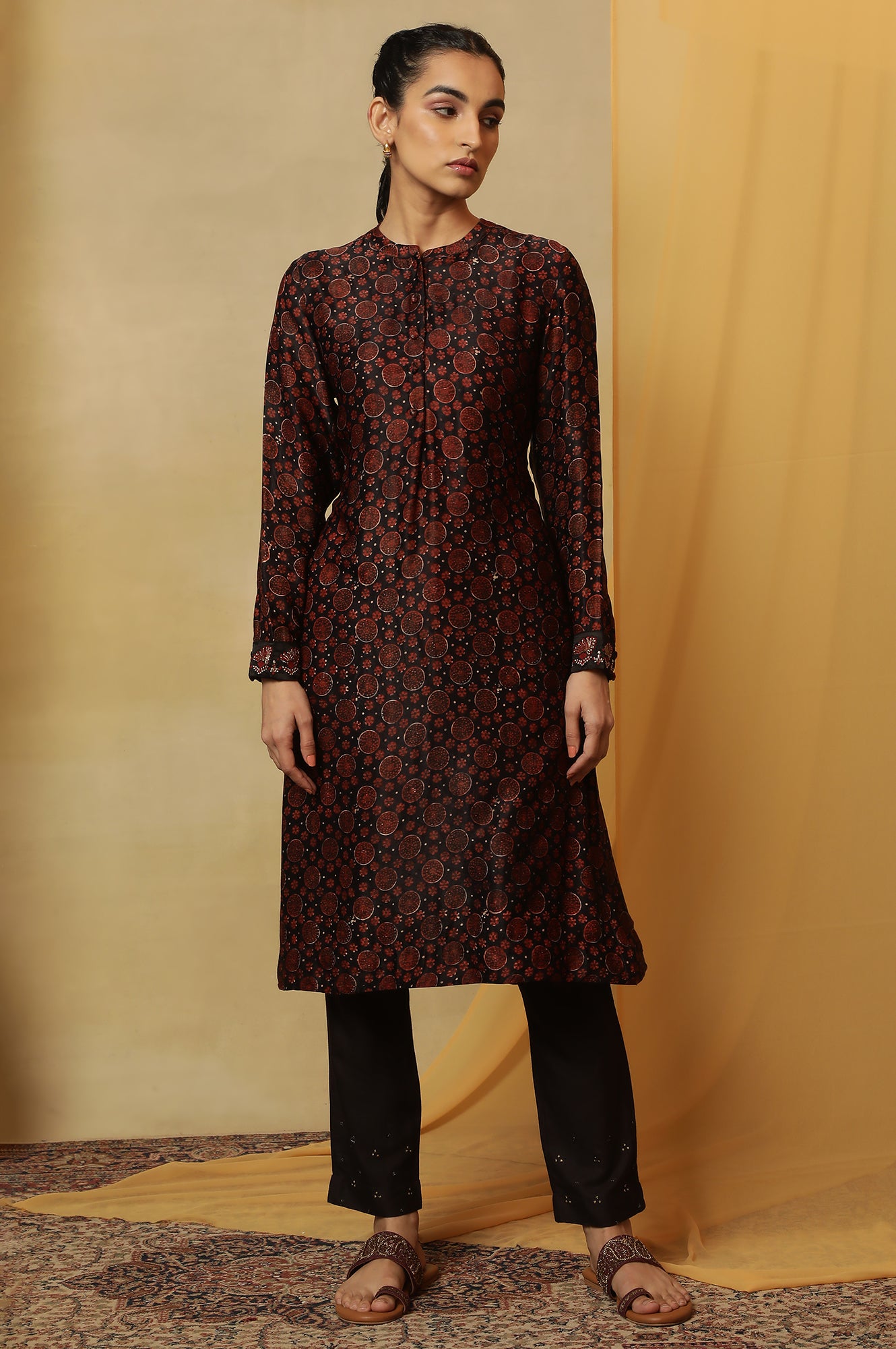 Dark Brown Bi-Coloured Ajrakh Print Kurta In Satin