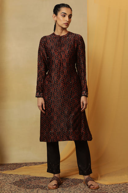 Dark Brown Bi-Coloured Ajrakh Print Kurta In Satin