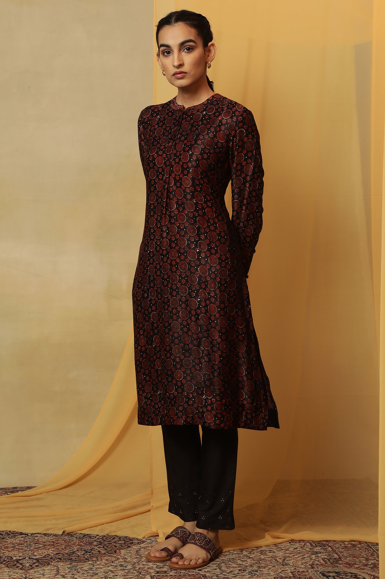 Dark Brown Bi-Coloured Ajrakh Print Kurta In Satin