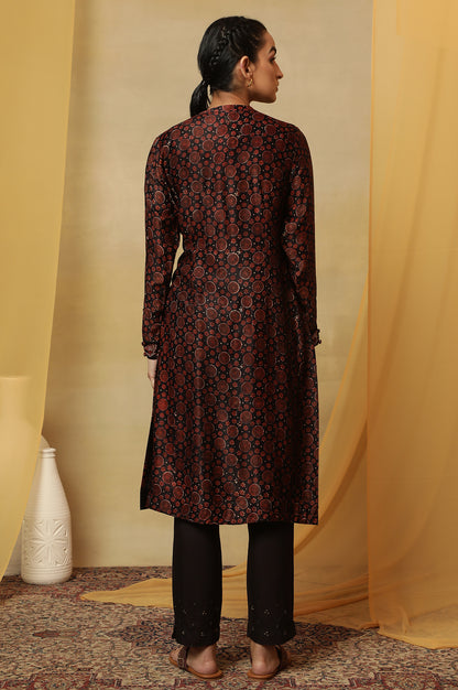 Dark Brown Bi-Coloured Ajrakh Print Kurta In Satin