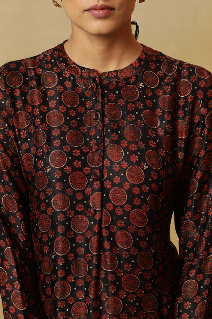 Dark Brown Bi-Coloured Ajrakh Print Kurta In Satin