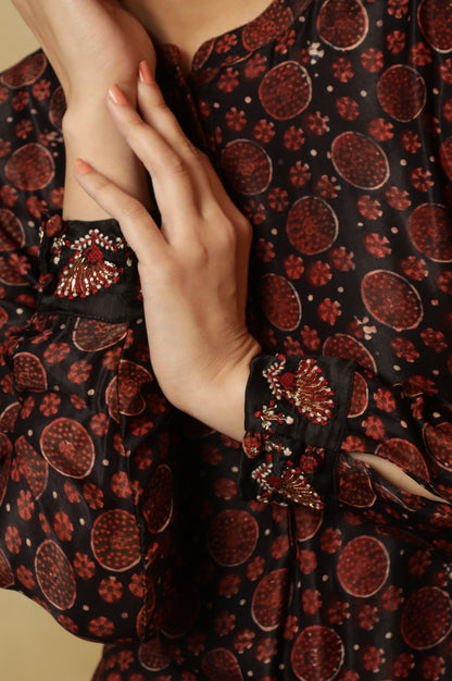 Dark Brown Bi-Coloured Ajrakh Print Kurta In Satin