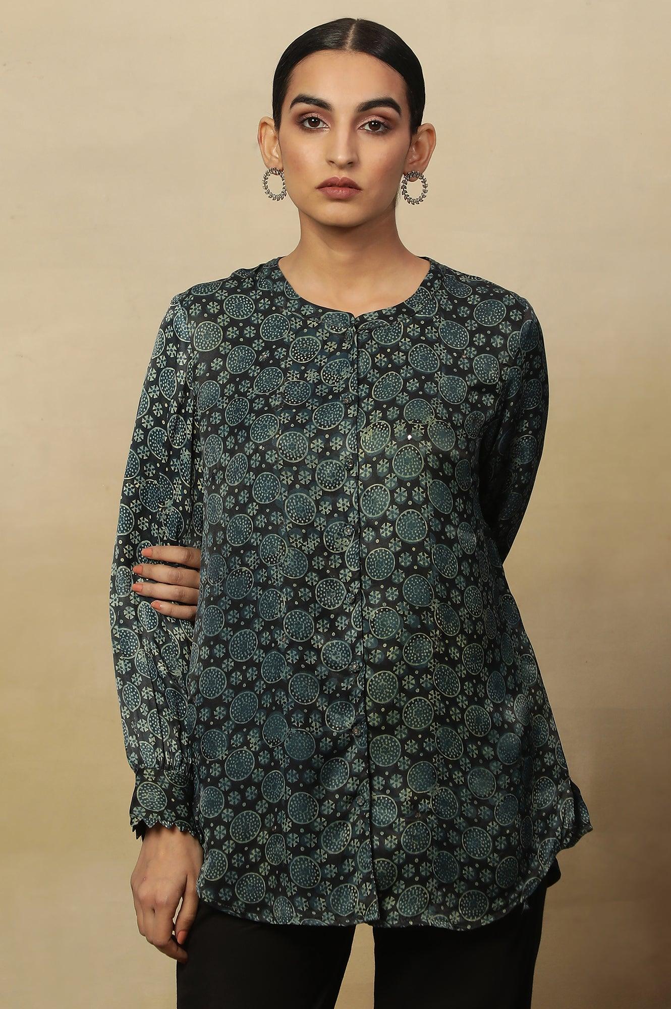 Black Ajrakh Print Top In Lustrous Satin - wforwoman