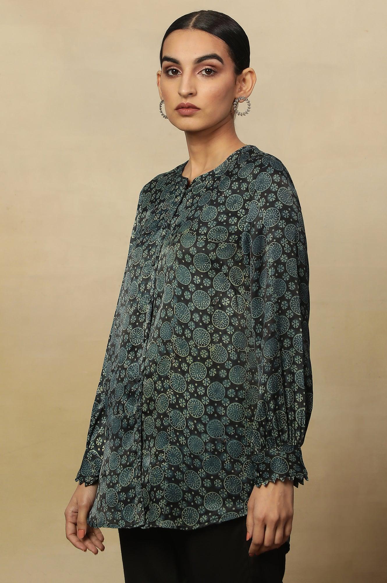 Black Ajrakh Print Top In Lustrous Satin - wforwoman