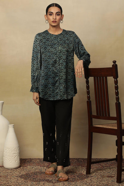 Black Ajrakh Print Top In Lustrous Satin - wforwoman