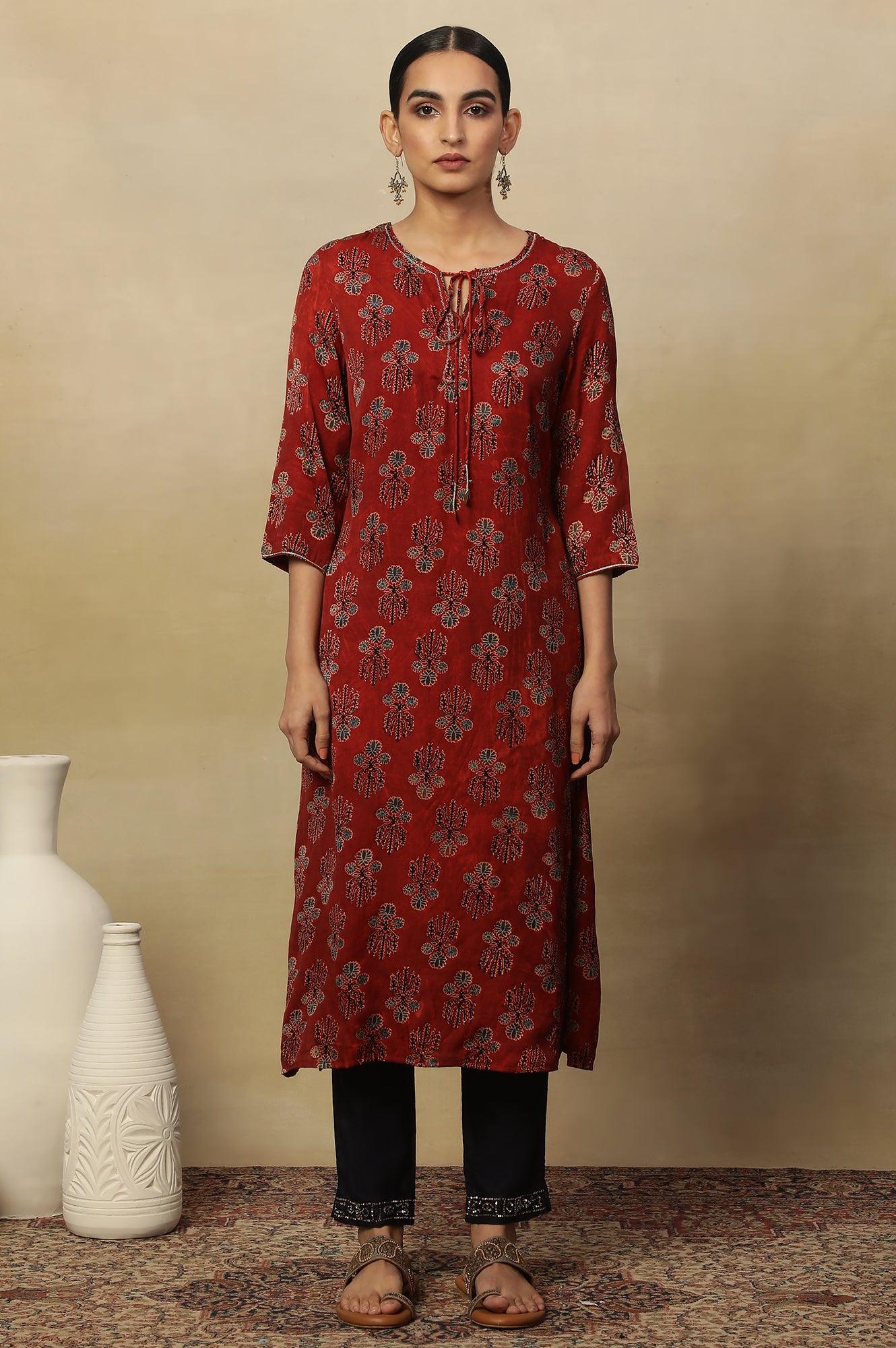 Deep Red Ajrakh Straight Kurta With Neck Tie-Up - wforwoman