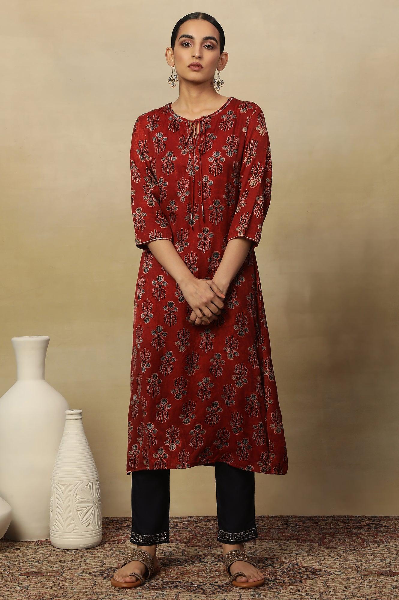 Deep Red Ajrakh Straight Kurta With Neck Tie-Up - wforwoman