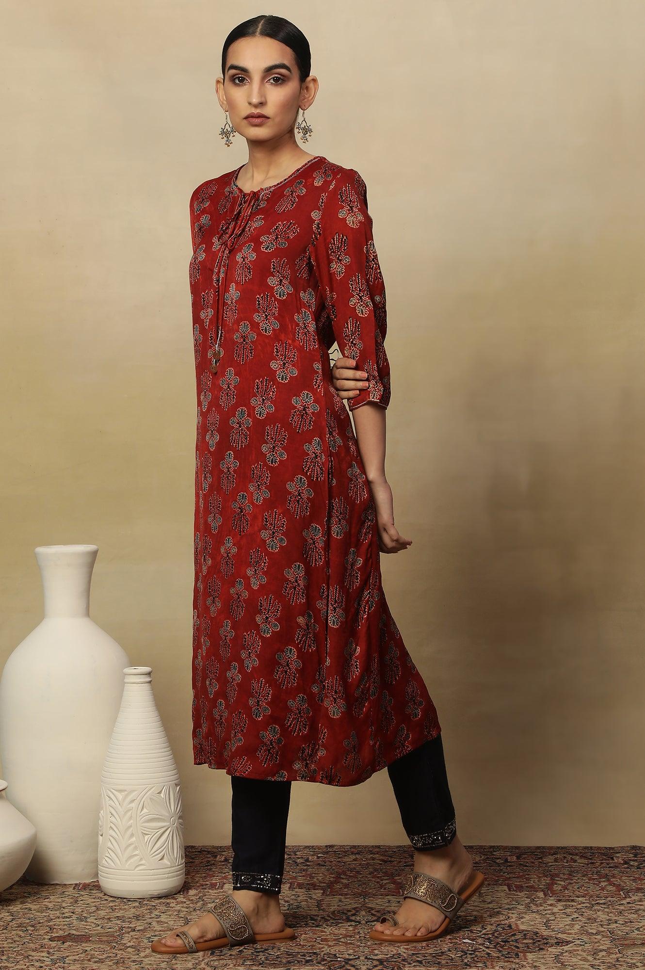 Deep Red Ajrakh Straight Kurta With Neck Tie-Up - wforwoman