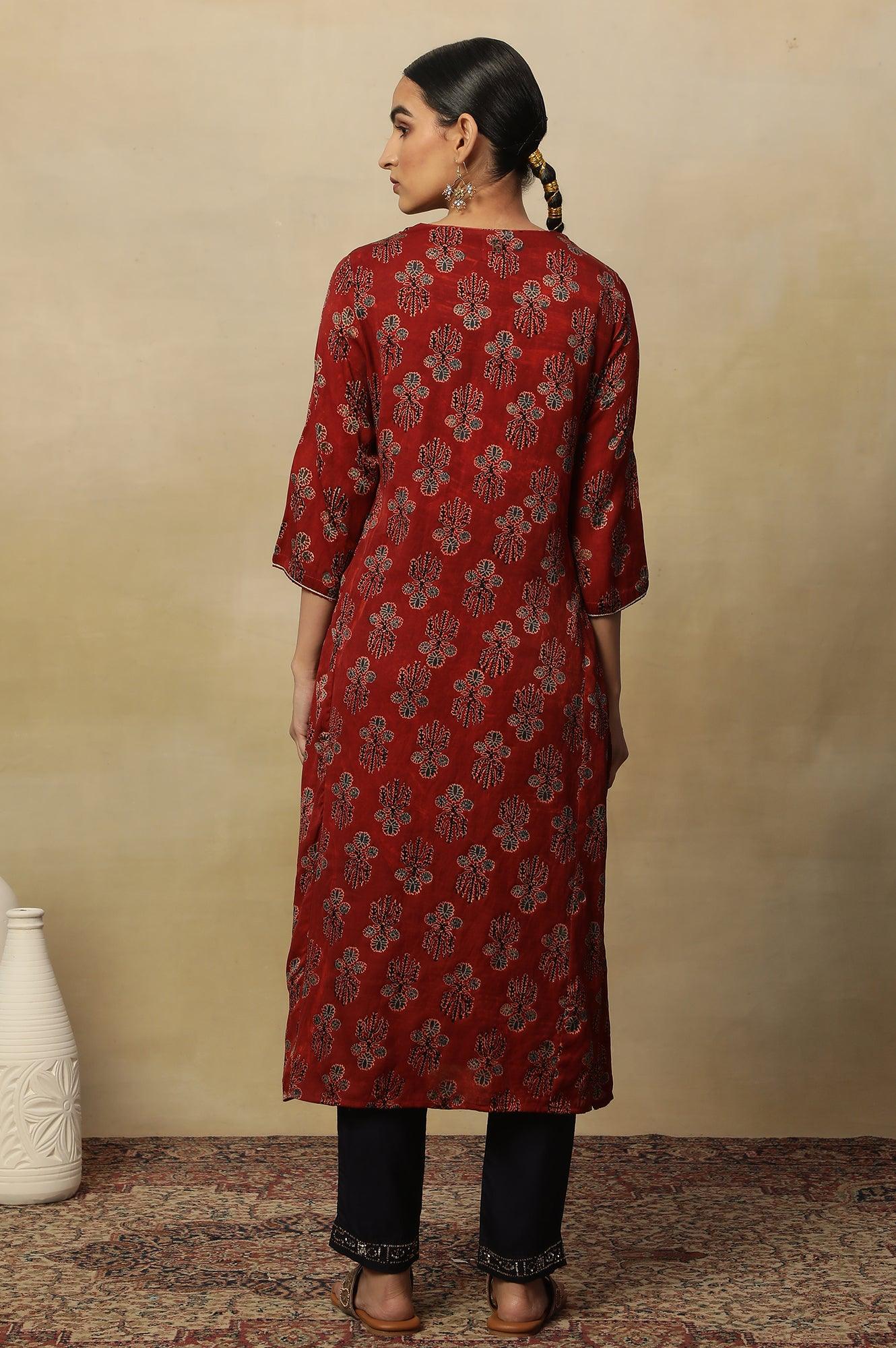 Deep Red Ajrakh Straight Kurta With Neck Tie-Up - wforwoman