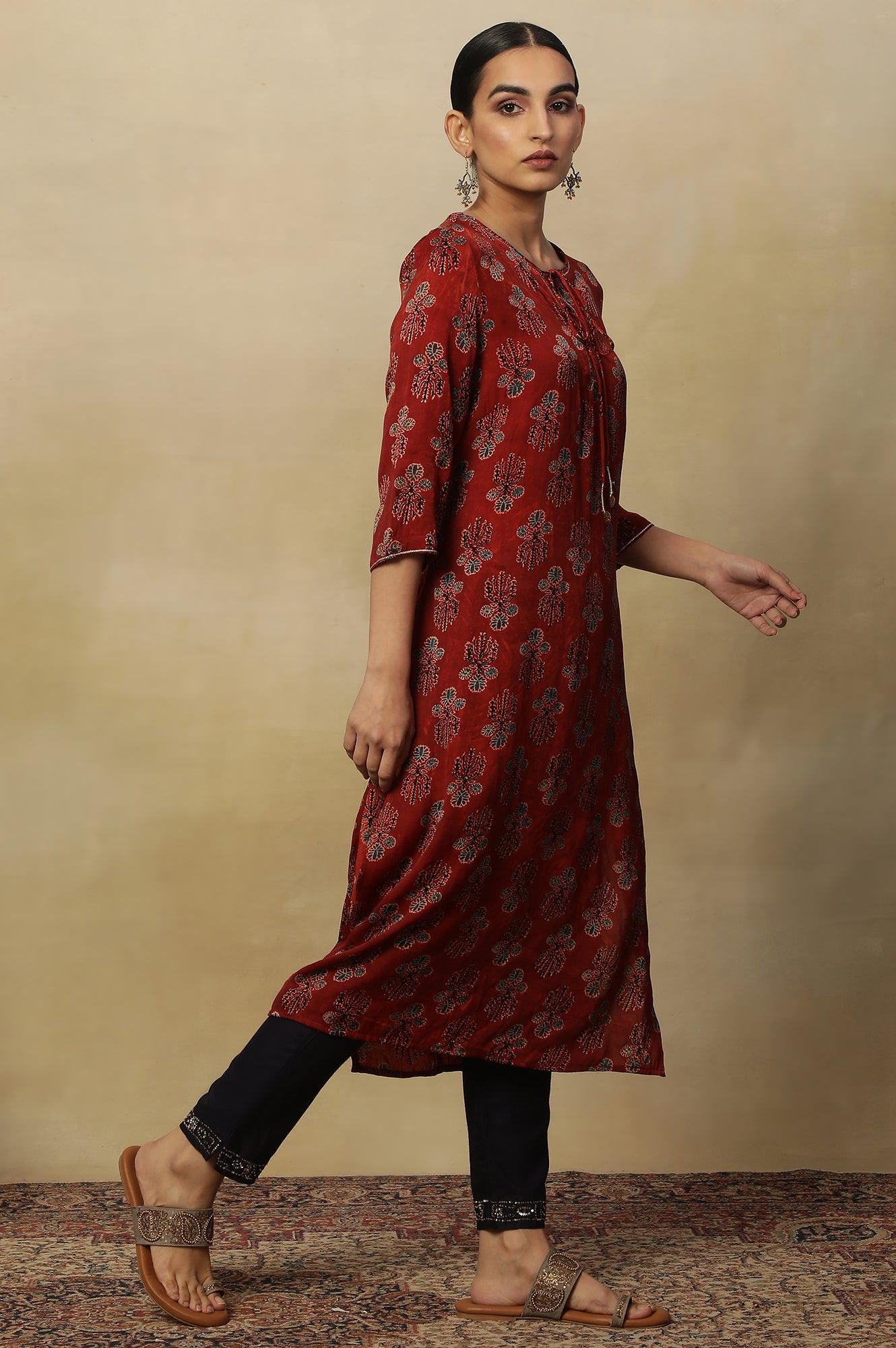 Deep Red Ajrakh Straight Kurta With Neck Tie-Up - wforwoman