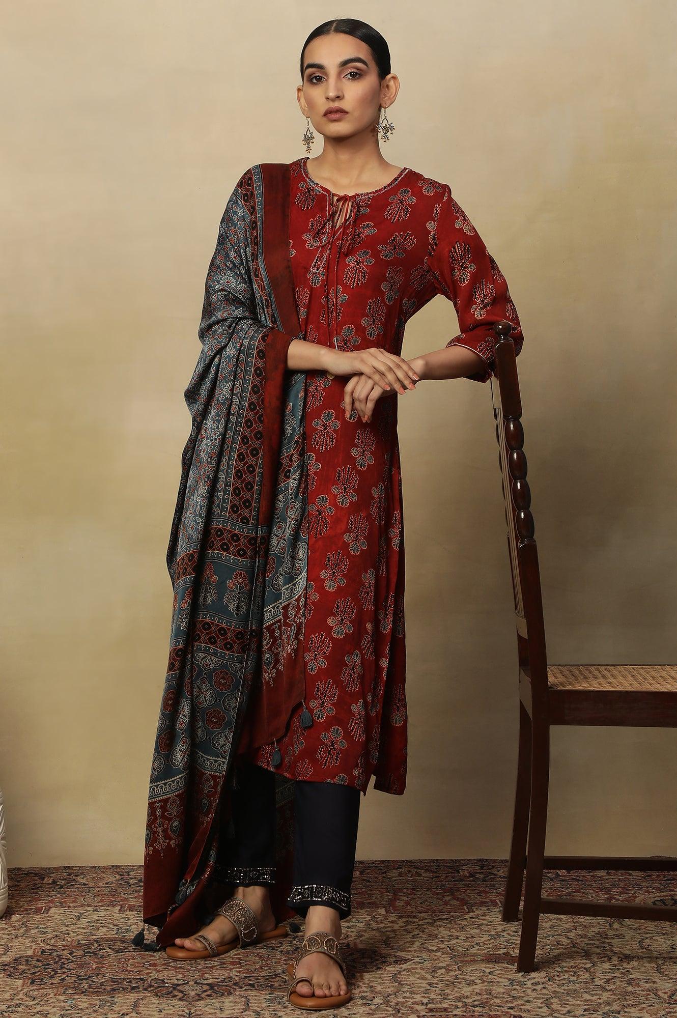 Deep Red Ajrakh Straight Kurta With Neck Tie-Up - wforwoman