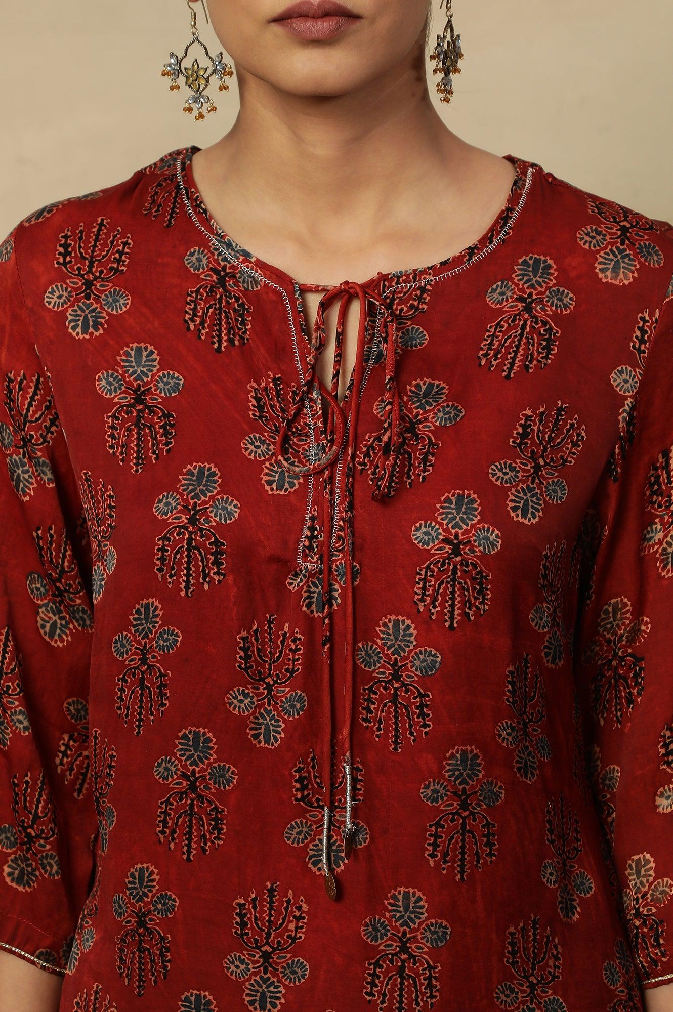 Deep Red Ajrakh Straight Kurta With Neck Tie-Up - wforwoman