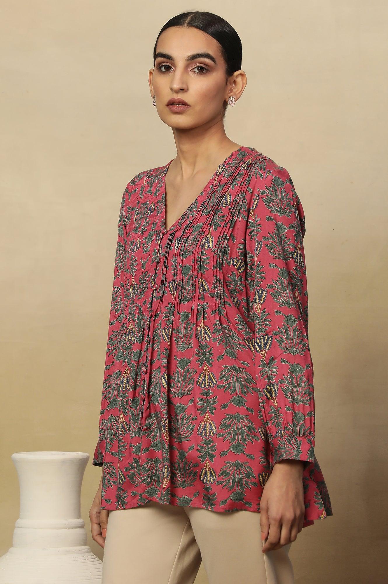 Pink Block Print Pleated V-Neck Top - wforwoman