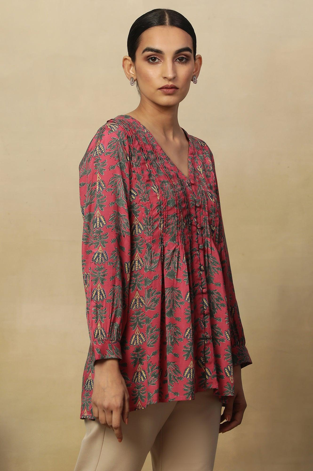 Pink Block Print Pleated V-Neck Top - wforwoman