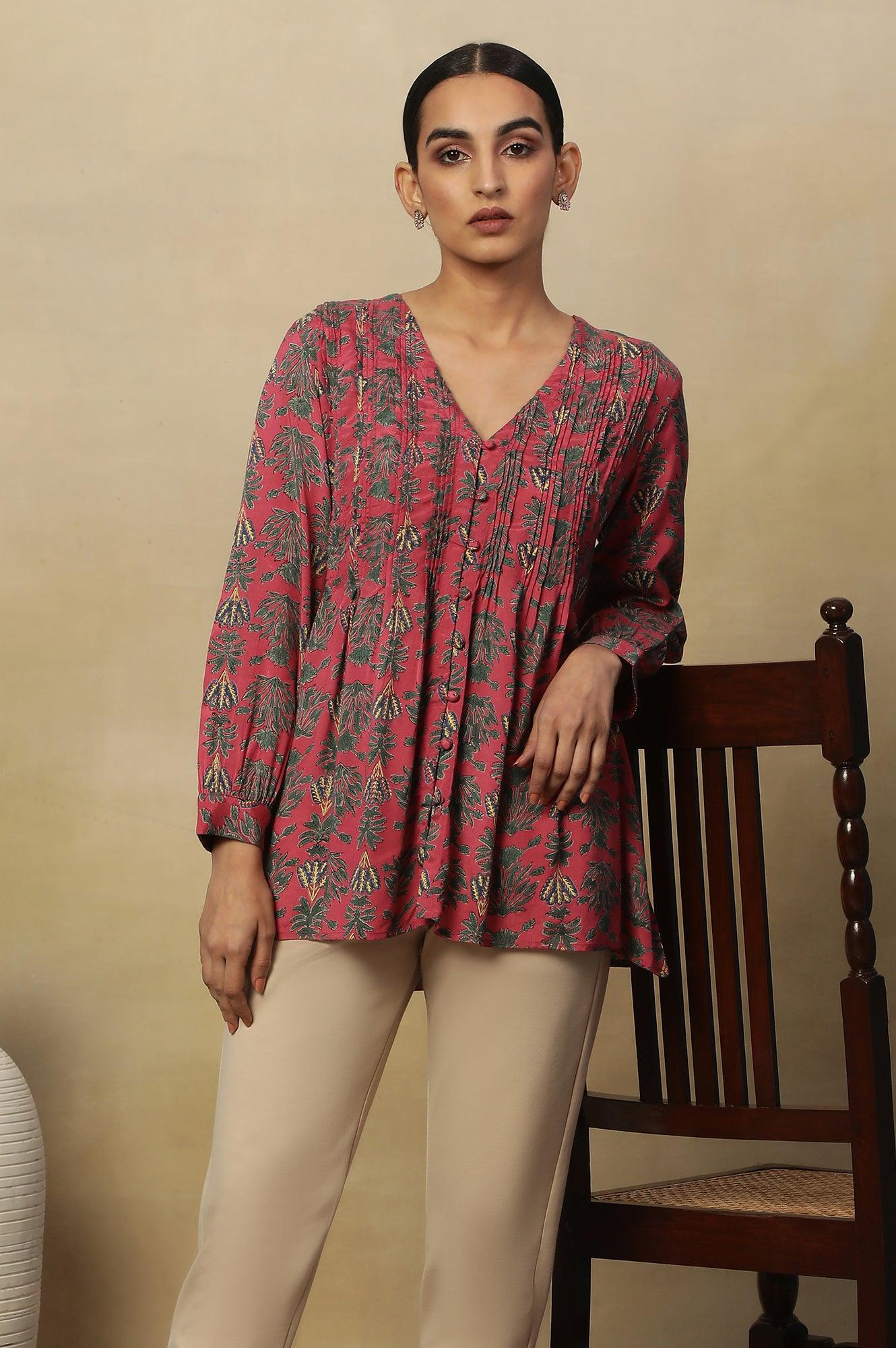 Pink Block Print Pleated V-Neck Top - wforwoman