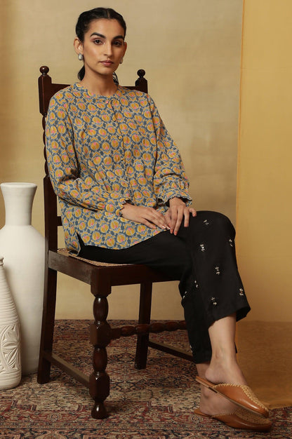 Grey Top With Multi-Coloured Block Print And Gathered Sleeves - wforwoman