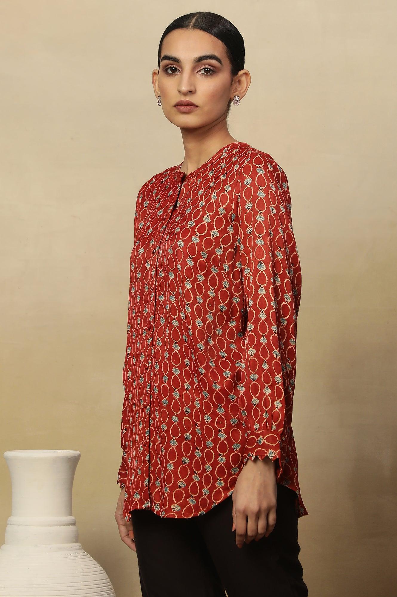 Brick Red Ajrakh Print Top In Lustrous Satin - wforwoman