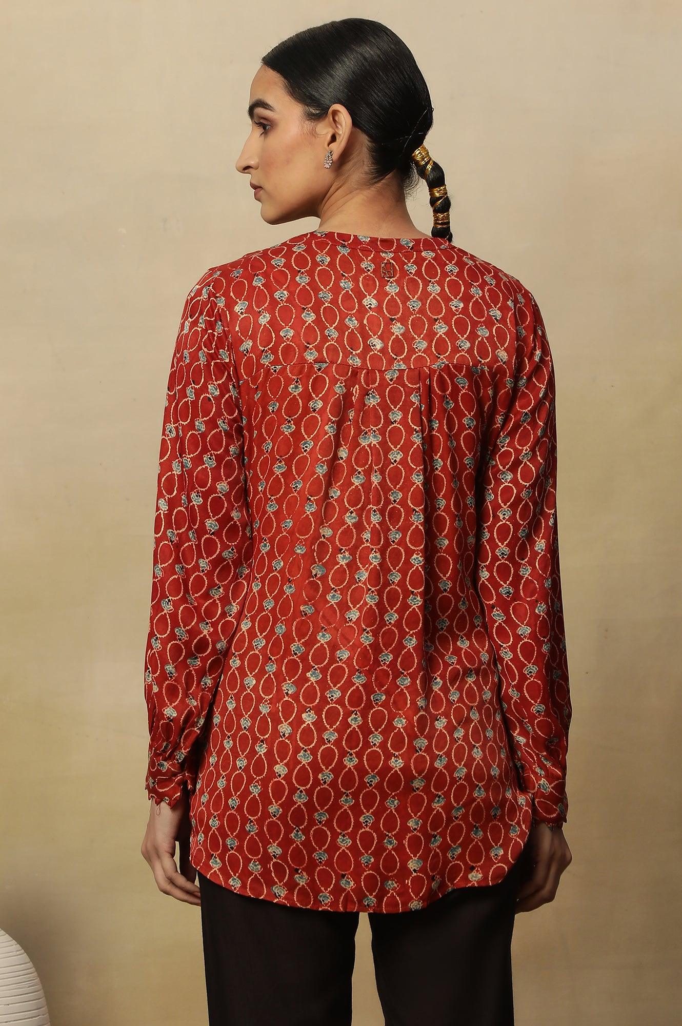 Brick Red Ajrakh Print Top In Lustrous Satin - wforwoman