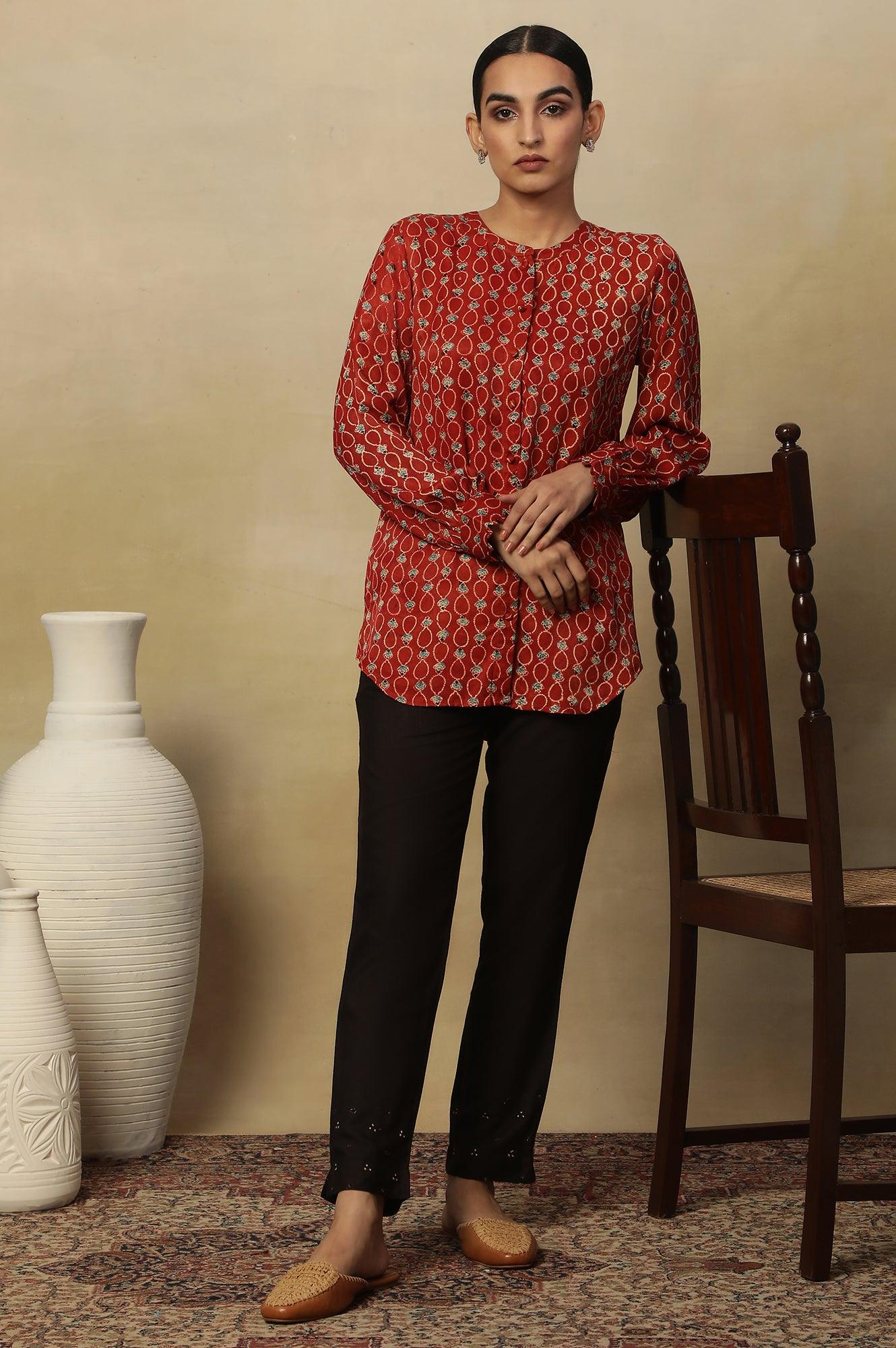 Brick Red Ajrakh Print Top In Lustrous Satin - wforwoman