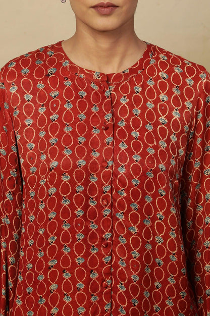 Brick Red Ajrakh Print Top In Lustrous Satin - wforwoman