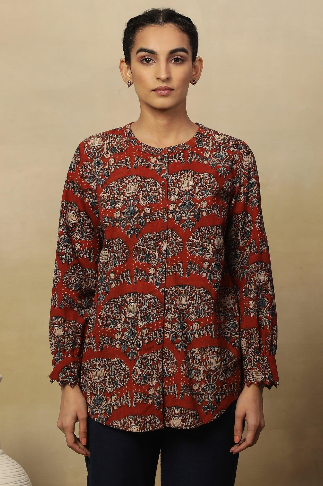 Brick Red Block Print Top In Cotton Slub - wforwoman